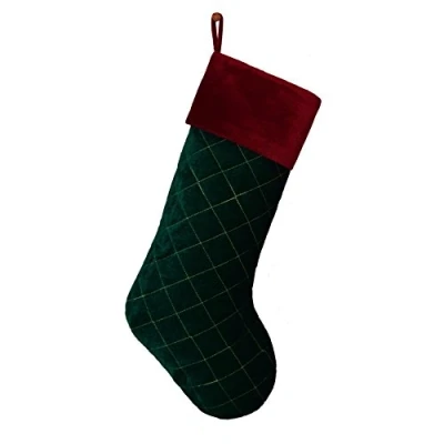 Image of SORRENTO Red Cuff with Green body Velvet stocking Diamond Quilted Embroidery decoration Socks Christmas 10x19inch(10 15 DAYS DELIVERY)