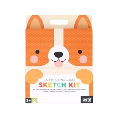 Image of Petit Collage: Carry Along Corgi Sketch Kit Includes 100 Pages and Over 70 Colorful Stickers Packed in a Carrying Case for Art On The Go Great Ages 3+