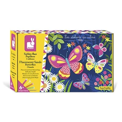 Image of Janod ‘Butterflies’ Fluorescent Sand Art Box 3 Pictures to be Completed Les Ateliers du Calme Children’s Arts &amp; Crafts Kit Fine Motor Skills and Concentration 6 Years + J07991