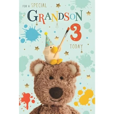 Image of Grandson 3rd Birthday Card Age 3 Special Barley Bear Teddy Painting Design Finishes and Illustrated Insert Leaf Made in the UK Eco Friendly
