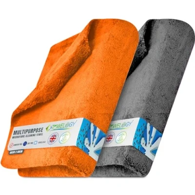 Image of Towelogy X04 Large Car Drying Towel Microfibre Edgeless 550gsm Super Absorbent 60x40cm (24x16in) Lint Free Detailing Cloth (2, Grey/Orange)