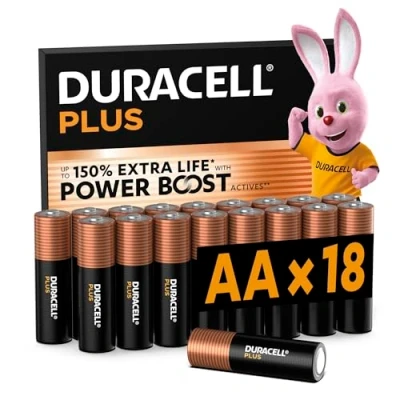 Image of Duracell Plus AA Batteries (18 Pack) Alkaline 1.5V Up To 100% Extra Life Reliability For Everyday Devices 0% Plastic Packaging 10 Year Storage LR6 MN1500