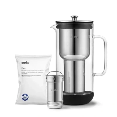 Image of Aarke Purifier, Water Filter Jug in Glass and Stainless Steel, 2.4L / 10 Cups, Includes Pure Refill Bag