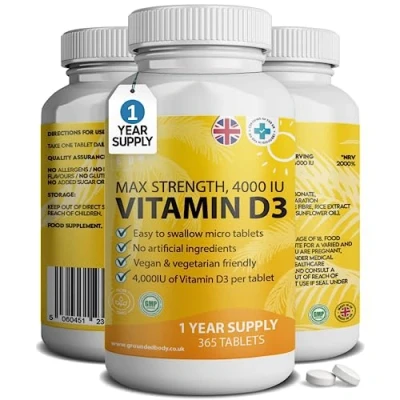 Image of Vitamin D3 4000 IU Micro Tablets 365 Day Supply, Easy to Swallow High Strength Premium Sunshine Max D Supplement, Vegetarian &amp; Vegan Friendly, Made in UK by Grounded
