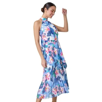 Image of Roman Originals Halterneck Pleated Dress for Women UK Ladies Maxi Midi Sleeveless Formal Wedding Guest Bridemaids Cocktail Party Special Occasion Ascot Races Going Out Evening Blue White Size 18