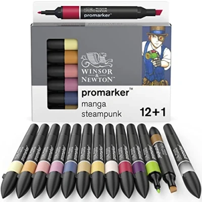 Image of Winsor &amp; Newton, Promarker, Manga Steampunk, Set of 12+1 Blender, Alcohol Based Dual Tip Markers