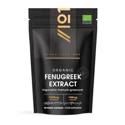Image of Organic Fenugreek Extract 7500mg High Strength 20% Saponins (100mg) Supplement 90 Vegan Capsules (3 Months Supply) Resealable and Recyclable Pouch by Alpha01