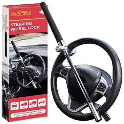 Image of GADLANE Retractable Steering Wheel Lock Universal Car Anti Theft Device &amp; Deterrent Suitable for Car/Van/Caravan/Truck/SUV (Includes Safety Hammer), with 3 Keys (Black)