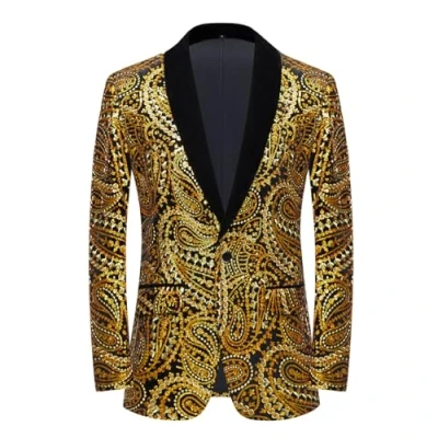 Image of PYJTRL Men&#039;s Shiny Sequins Suit Jacket Classic Floral Fashion,Suitable for Parties,Weddings,Banquets,Proms,Gold,L