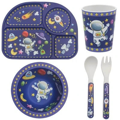 Image of Lesser &amp; Pavey Rpet Eating Set Space for Kitchen All in One Plates and Bowls with Spoon Fork Printed Dinner Home BPA Free Healthy Material Kids Adults