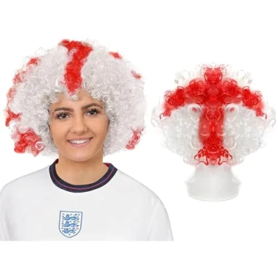 Image of England Afro Wig Pack of 1 White Curly with Red St Georges Cross Football Sport Supporters Day Fancy Dress Accessory