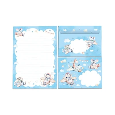 Image of Junapack Animals Koala Bear Rabbit A5 Letter Pad with 15 Envelopes, 25 Sheets, 80g Paper, Lined, Self adhesive Envelope, Made in Germany