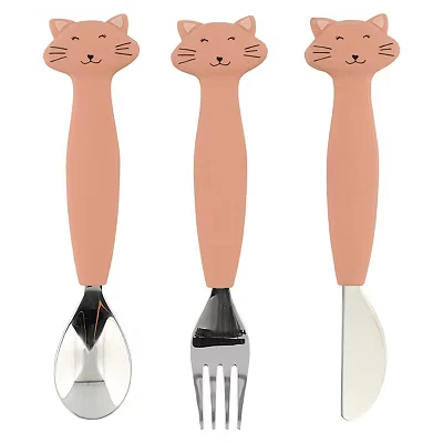 Image of Trixie Baby &amp; Kids Silicone Stainless Steel Cutlery Set 3 Pieces (Fork, Spoon and Knife) Mrs. Cat (Cat)