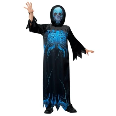 Image of Smiffys Midnight Skeleton Reaper Costume Robe &amp; Hooded Mask, Halloween Child Fancy Dress, Dress Up Costumes