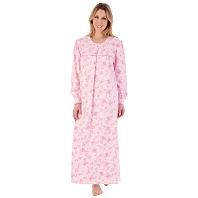 Image of Slenderella Floral Brushed Cotton Longer Length Round Neck 51 inch Nightdress (12/14, Pink)