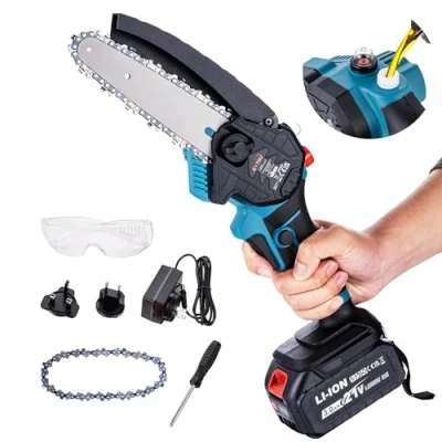 Image of KATSU FIT BAT 21V Cordless Chainsaw 6 Inch with 3.0Ah Battery and Charger, Extra Chain Manual Oil Pump, for Garden Tree Branches Pruning Wood Cutting