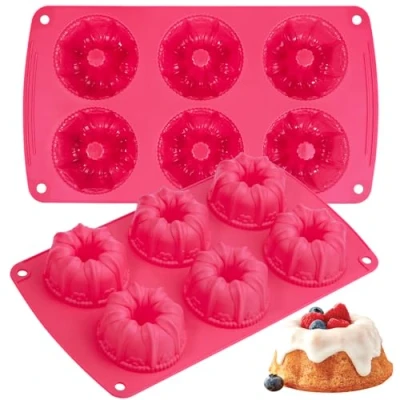 Image of webake Mini Ring Cake Tin Silicone Savarin Moulds 2 Pcs 6 Cavity 7.5 cm Fluted Tube Pan for Kugelhopf Baking Tray
