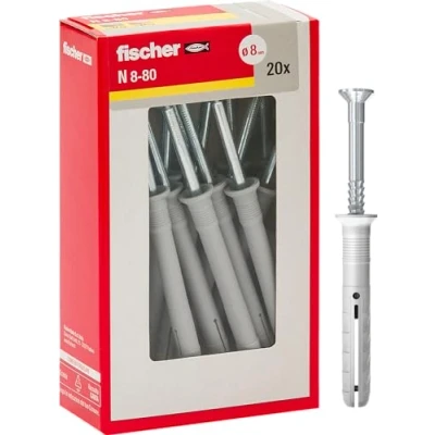 Image of Fischer 508277 Long dowels to Knock N 8x60 Y, Hammer Fixing with pre Mounted Nail for Full, semi Filled and Concrete, 20 Pieces per Pack, Grey, 8X80 MM