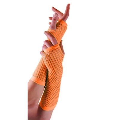 Image of Ladies Fishnet Long &amp; Short Finger less Gloves Fancy Dress Party Accessory (Orange, Gloves)