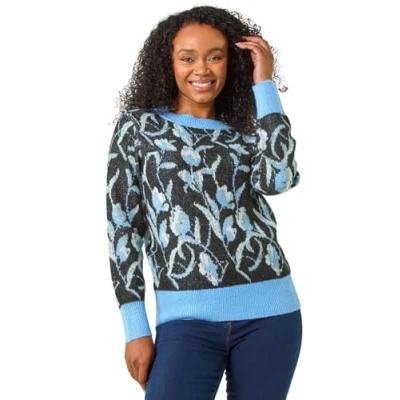 Image of Roman Originals Jumper for Women UK Ladies Winter Autumn Casual Pull On Round Crew Neck Long Sleeve Comfy Work Dinner Party Everyday Colourful Longline Stylish Petite Blue Size 14