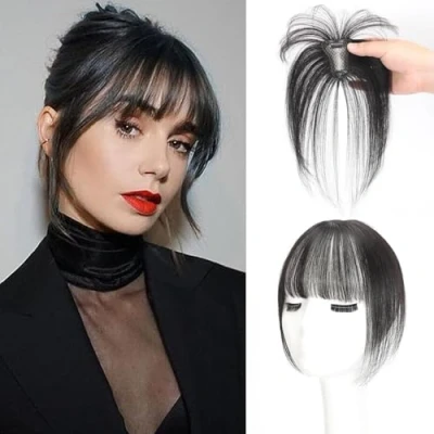 Image of Clip in Wispy Bangs 3603D Cover Hair 100% Real Human Toppers Fake Air for Daily Wear Hairpieces on French Bangs(Brown black, 3D Bangs)