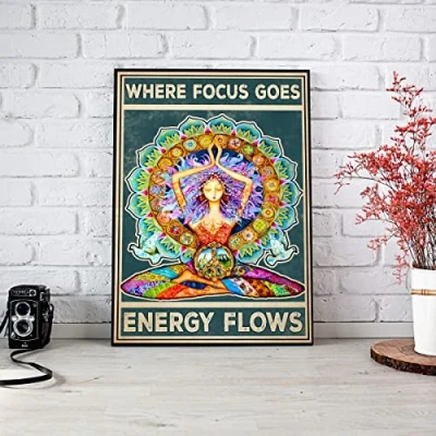 Image of Yoga Poster Where Focus Goes Energy Flows Vintage Girl Wall Art Namaste Chakra Hippie Soul Studio decor club exercise encourages metal tin sign 8x12 Inch