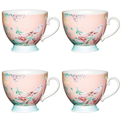Image of KitchenCraft China 400ml Footed Mug, Peach Birds