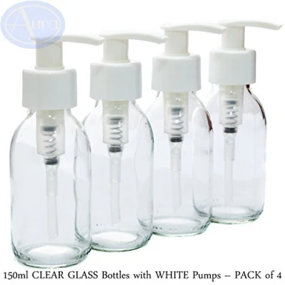 Image of 150ml CLEAR GLASS Bottles with WHITE Pumps PACK of 4