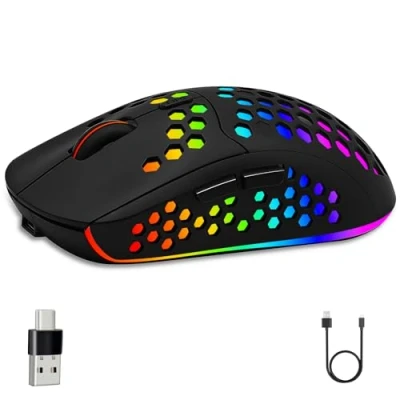 Image of iSTYLE Wireless Mouse,2.4G Lightweight Rechargeable Honeycomb Computer Mouse, 11 Colour RGB Backlight,Up to 3200 DPI,6 Buttons,USB Receiver,Gaming Mouse for Laptop/Mac/PC/Linux/IOS/Windows