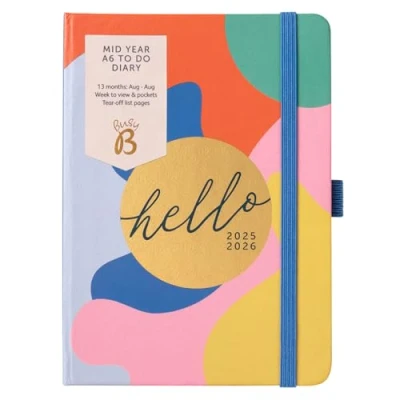 Image of Busy B A6 Diary Mid Year Academic Planner Aug &#039;25 &#039;26 Multi Abstract Print Journal Week To View with Do Lists, Notes Pages, 3 Pockets, Pen Loop, &amp; Elastic Closure
