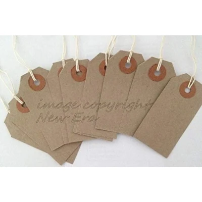 Image of Pack of 100 Brown Buff Strung Tags All Size Manila Luggage Labels Tickets Tie On Craft Tag (120x60mm)