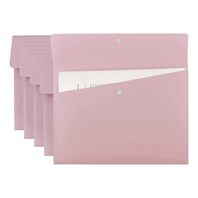 Image of VANRA Poly File Folders Letter Size Jackets Organizer Plastic Envelope A4 Flat Document Holder with Snap Button Closure (Pastel Pink, Pack of 5)