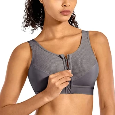 Image of SYROKAN Women&#039;s Sports Bra High Impact Front Fastening Zipper Wireless Post Surgery Support Workout Paris Green 32C