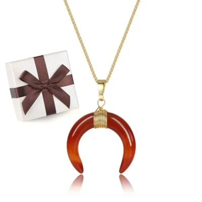 Image of COAI Horn Crescent Moon Red Agate Stone Women&#039;s Pendant Necklace