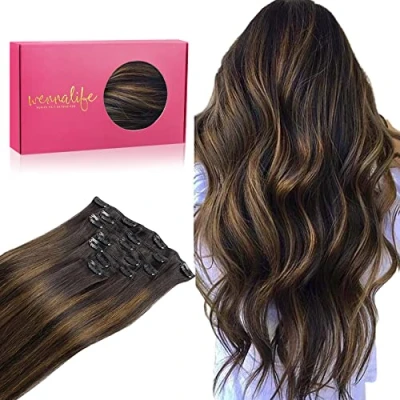 Image of WENNALIFE Hair Extensions Clip In, 22 Inch 120g 7pcs in Real Human Balayage Dark Brown Mixed Chestnut Remy Coloured