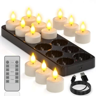 Image of Yme Rechargeable Tea Lights Candles with Charging Station, 12pcs Battery LED Flameless Remote Control Tealight Pack for Christmas Halloween Table Decorations Room Home Autumn Bedroom Decor