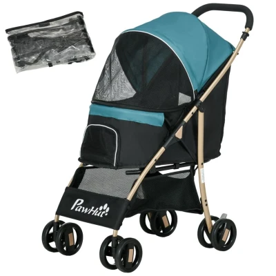 Image of PawHut Dog Stroller with Rain Cover, Foldable Pram, 4 Wheels Pet Pushchair Safety Leashes, for Small, Miniature Dogs, Cats Dark Green