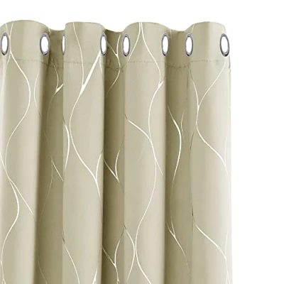 Image of Deconovo Eyelet Blackout Curtains, Thermal Insulated Silver Wave Line Foil Printed Ring Top Curtains for Kids Bedroom, 46 x 72 Inch(Width Length), Beige, 1 Pair