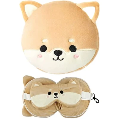Image of Puckator Relaxeazzz Shiba Inu Dog Round Plush Travel Pillow &amp; Eye Mask Sleep Masks Kids Accessories For Sleeping Airplane Flight Plane Neck Pillows