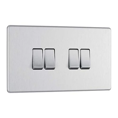Image of BG Electrical Quadruple Wall Light Switch, 2 Way, Screwless Front Plate, Slim Profile, Premium Flatplate, Brushed Steel, 20A, 16AX, FBS44