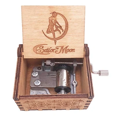 Image of Sailor Moon Music Box Hand Crank Musical Carved Wooden,Play Theme Song,Brown