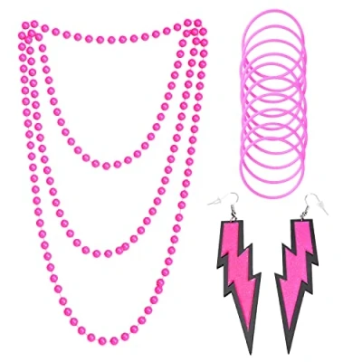 Image of Jomnvo 80s Costumes Accessories Neon Party Necklace Beads Silicone Bracelets with Earrings for Women Fancy Dress (Rose Red)