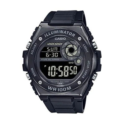 Image of Casio MWD100H Series Men’s Digital Watch Black/Black 1/100 SEC Stopwatch Countdown Timer LED Light 100M WR Multi Function Alarm Auto Calendar Dual Time 10 Yr Battery, Back/Black,