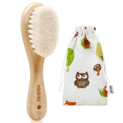 Image of haakaa Wooden Baby Hair Brush for Newborns and Toddlers Natural Soft Goat Bristles Hairbrush, Ideal Cradle Cap, Perfect Registry Gift with Carry Pouch, 1PC