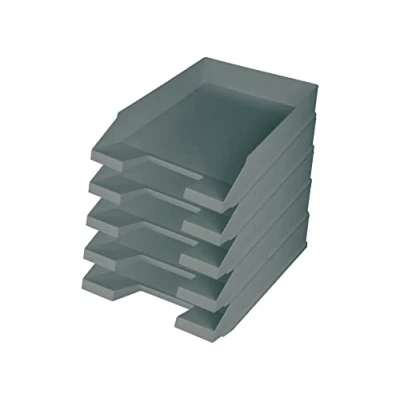 Image of helit H2661682 Letter Tray &quot;The Green Staff&quot; DIN A4 C4 Recycled Plastic Blue Angel Certified Light Grey Pack of 5