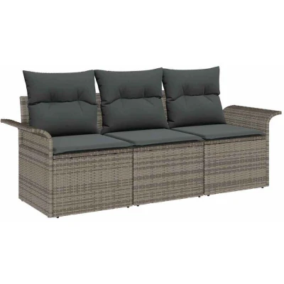 Image of vidaXL 3 Piece Garden Sofa Set with Cushions in Grey Poly Rattan