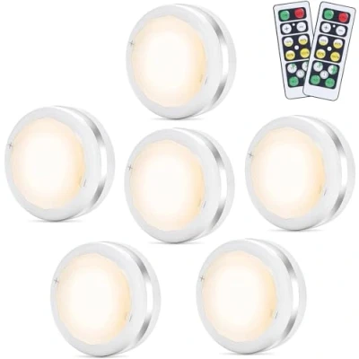 Image of Bawoo Under Cabinet Lights, Wireless LED Puck Lights Remote Control, 4000K Natural White Brightness Dimmable Battery Powered Touch Closet Cupboard Kitchen Wardrobe 6 Pack (White)
