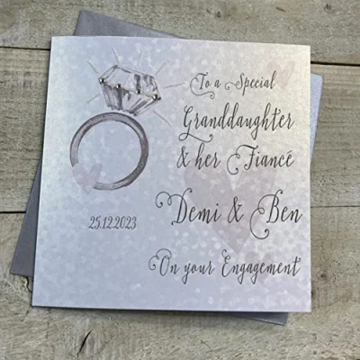 Image of WHITE COTTON CARDS PERSONALISED ENGAGEMENT CARD. ANY RELATION. GRANDDAUGHTER &amp; FIANCÉ. RING HEARTS DESIGN. Handmade (P22 33 GD XP22 GD)