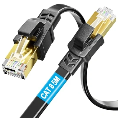 Image of Cat 8 Ethernet Cable 5m, FLat Internet 5meters High Speed LAN 40Gbps 2000MHz FTP Shielded RJ45 Gigabit Network Black Patch for Router Modem