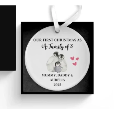 Image of Personalised First Christmas as a Family of 3 Bauble with Gift Box, New Baby Gift, Parents Keepsake, Baby&#039;s 1st Xmas Tree Decoration,